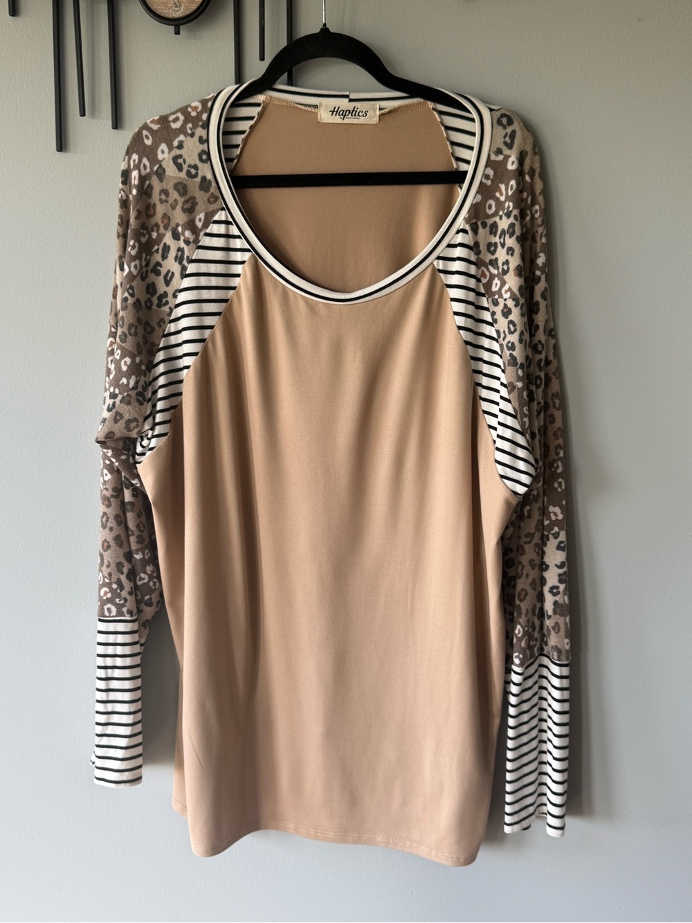 Haptics Tan Long Sleeve Raglan Top with Leopard & Black-White Stripe Accents